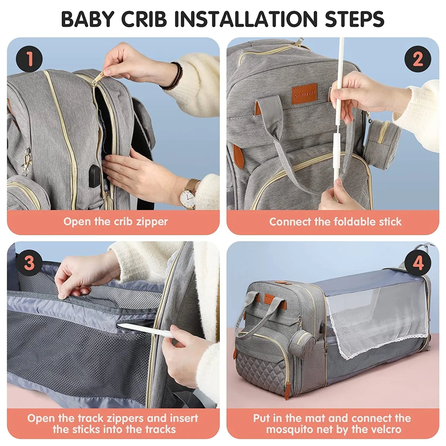 3 In 1 Diaper Bag Backpack Foldable Baby Bed Waterproof Travel Bag with USB Charging Port