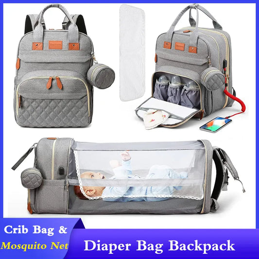 3 In 1 Diaper Bag Backpack Foldable Baby Bed Waterproof Travel Bag with USB Charging Port