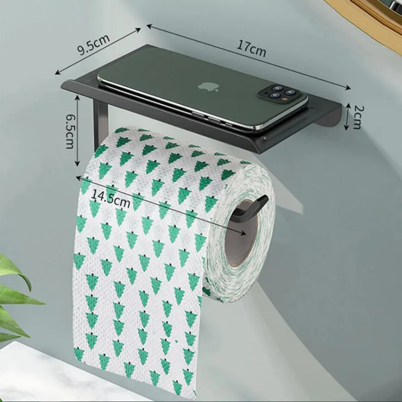 Aluminum Alloy Wall-Mounted Toilet Paper Holder with shelf.