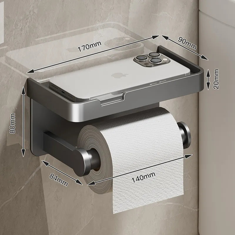 Aluminum Alloy Wall-Mounted Toilet Paper Holder with shelf.