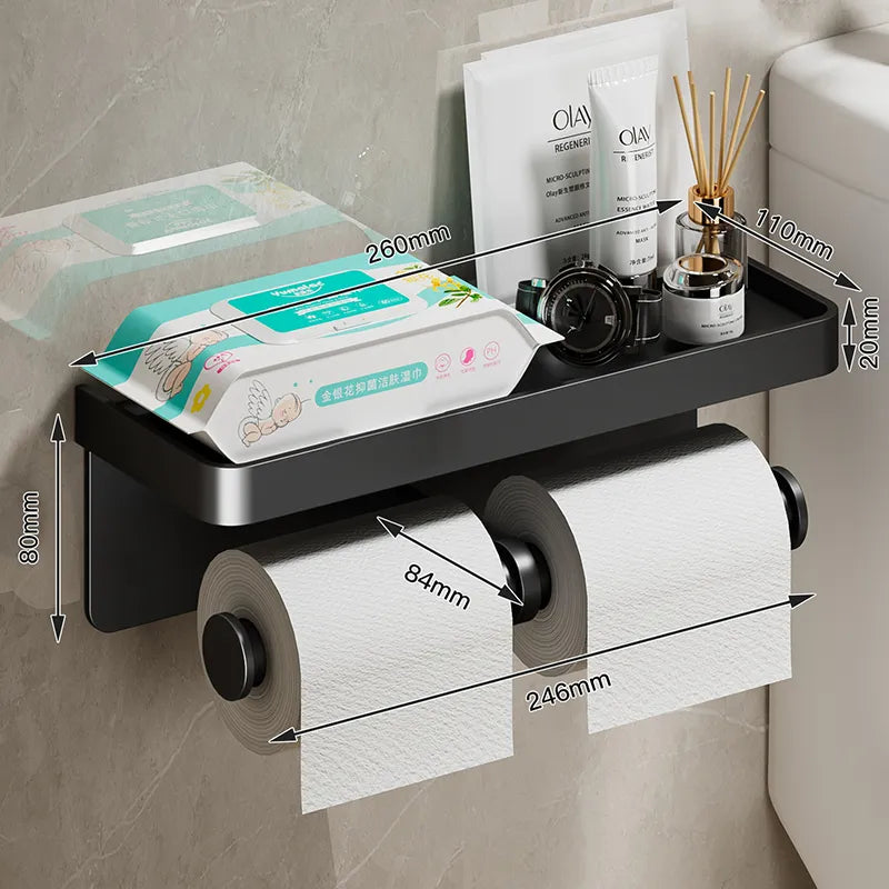 Aluminum Alloy Wall-Mounted Toilet Paper Holder with shelf.