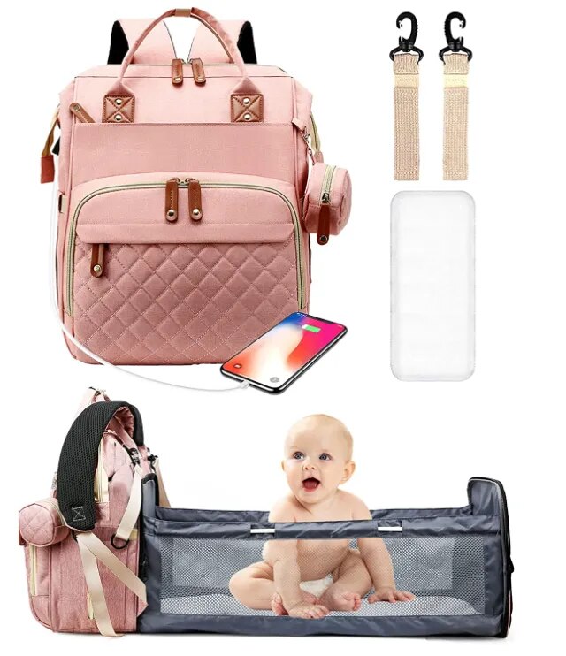 3 In 1 Diaper Bag Backpack Foldable Baby Bed Waterproof Travel Bag with USB Charging Port