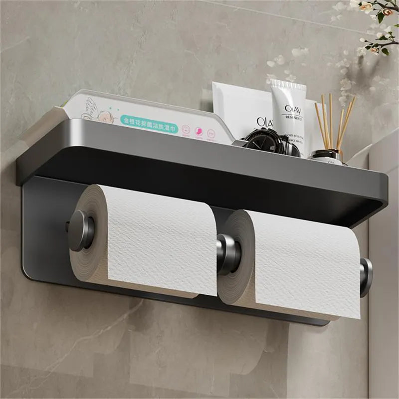 Aluminum Alloy Wall-Mounted Toilet Paper Holder with shelf.