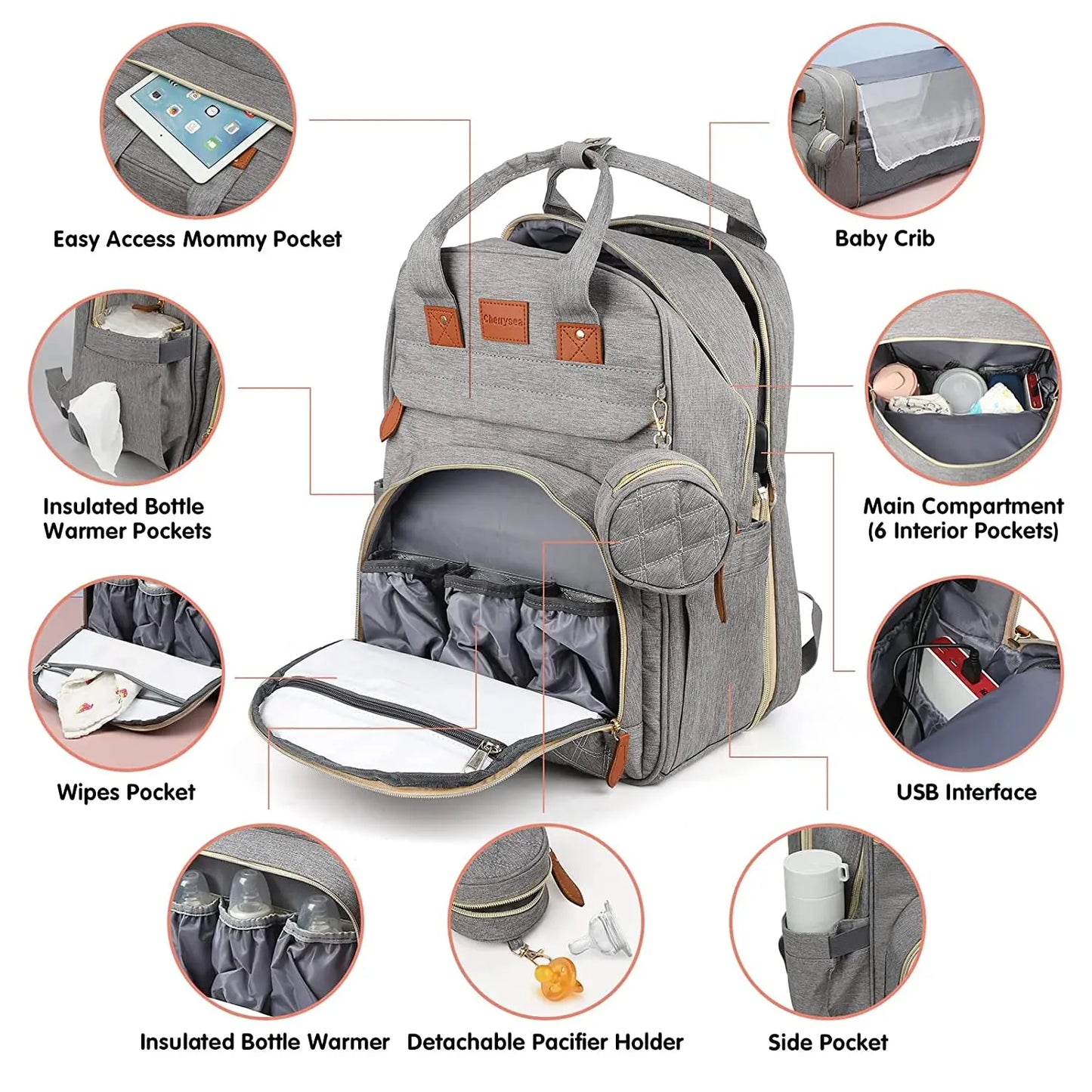 3 In 1 Diaper Bag Backpack Foldable Baby Bed Waterproof Travel Bag with USB Charging Port